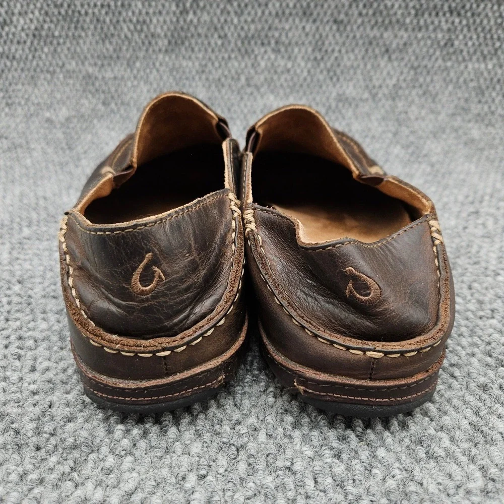 OluKai (Men's 9.5) Brown Moloa Leather Slip On Loafers Casual Shoes Moccasin